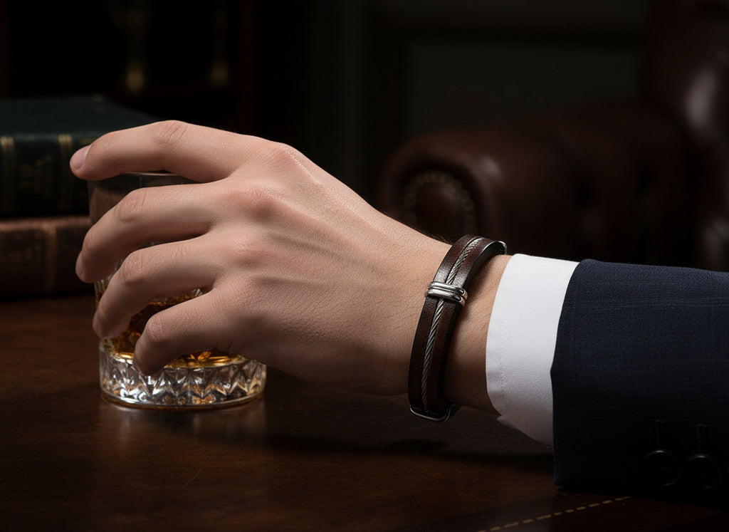 Bracelet-black leather with steel cable