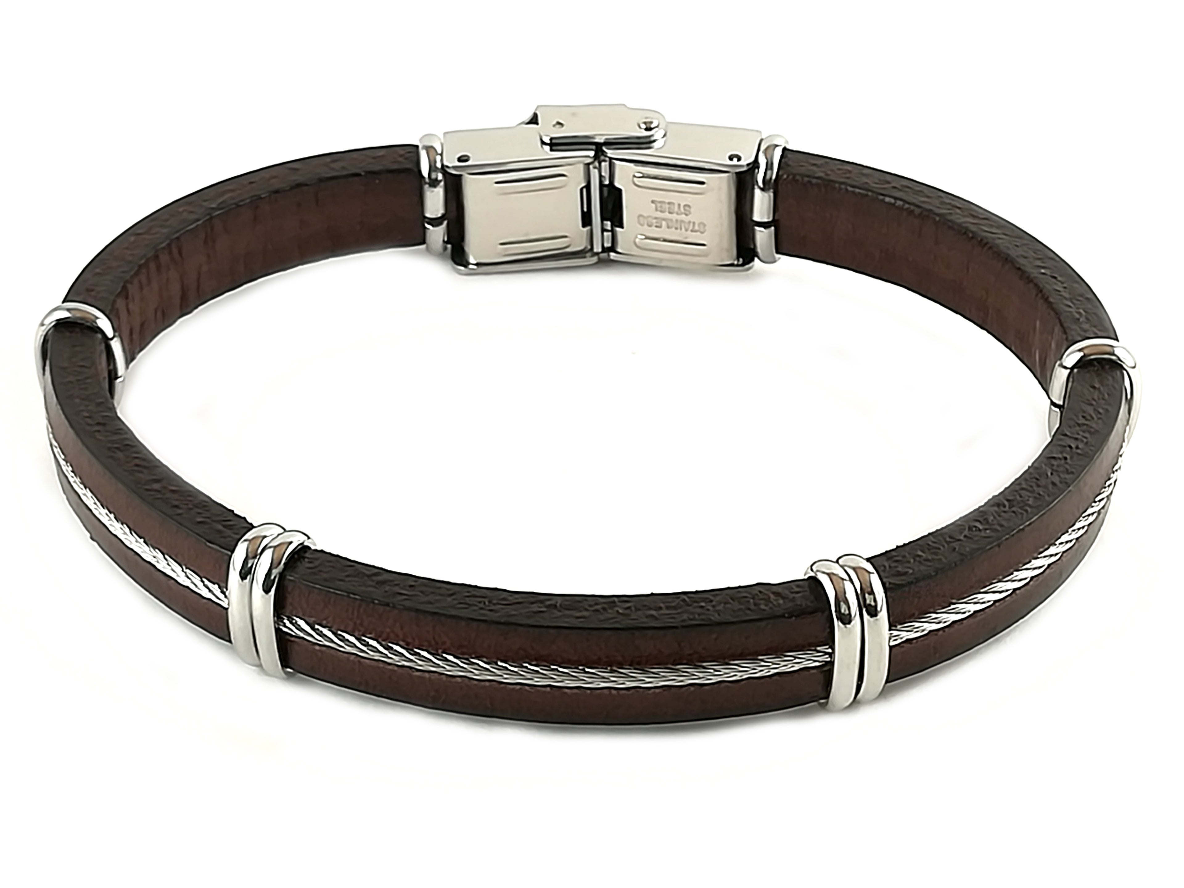 Bracelet-brown leather with steel cable