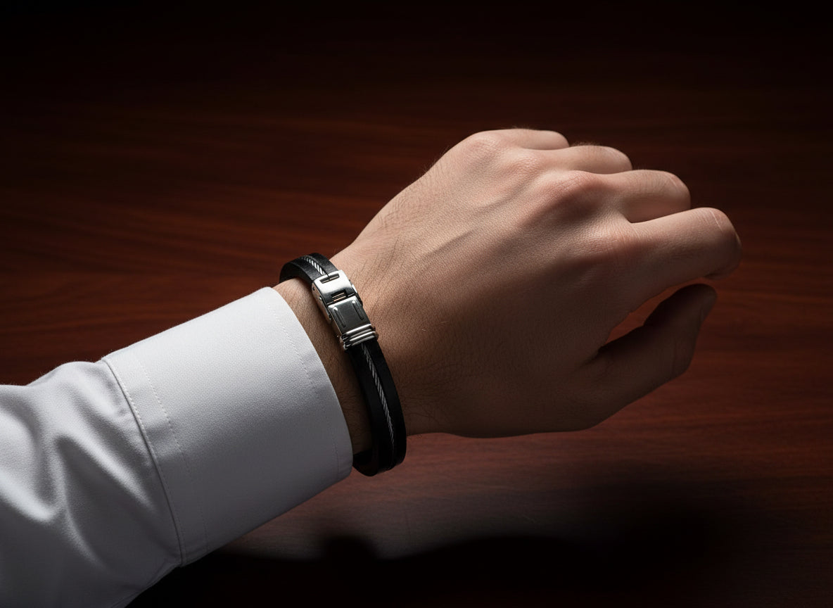 Bracelet-brown leather with steel cable