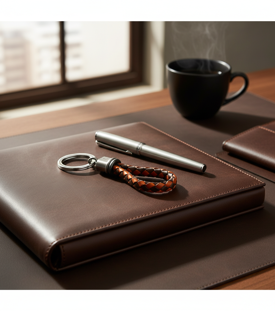 Keychain-Brown/Orange braided leather