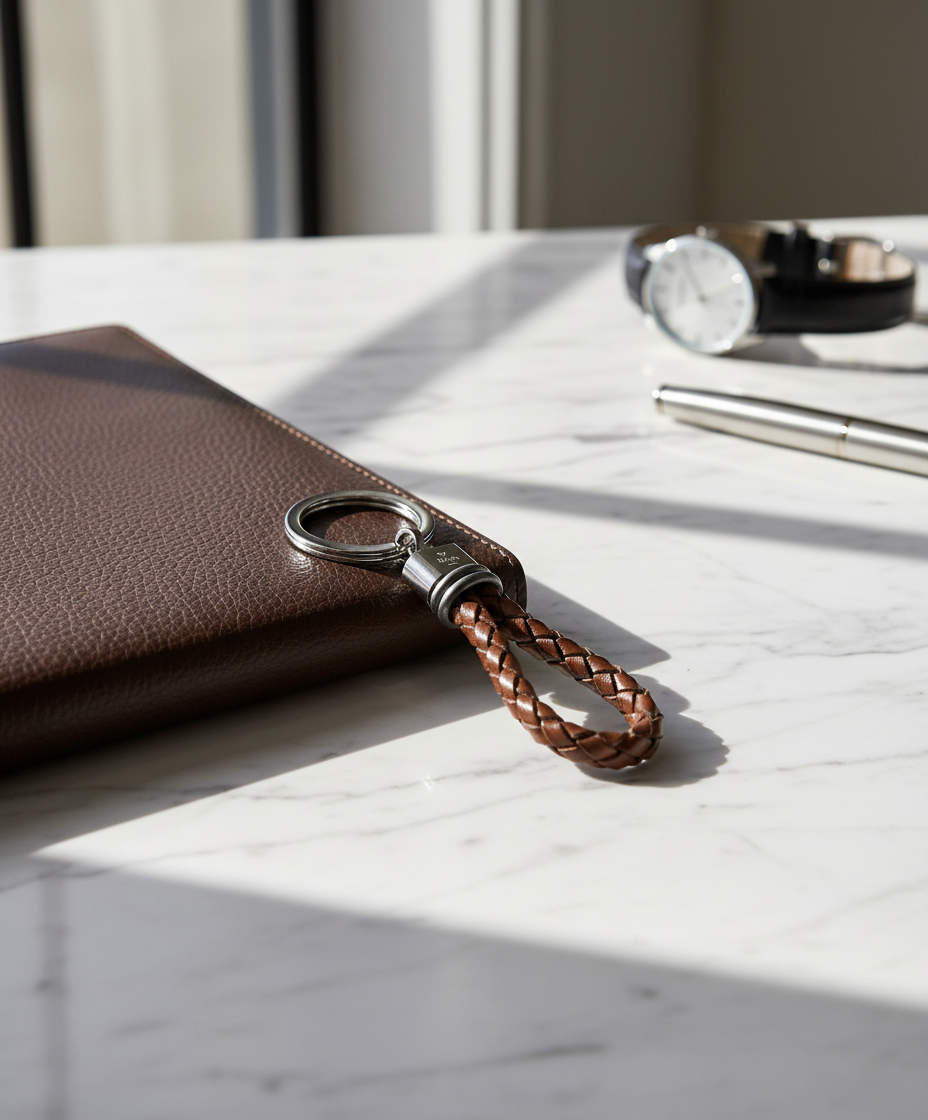 Keychain-brown braided leather