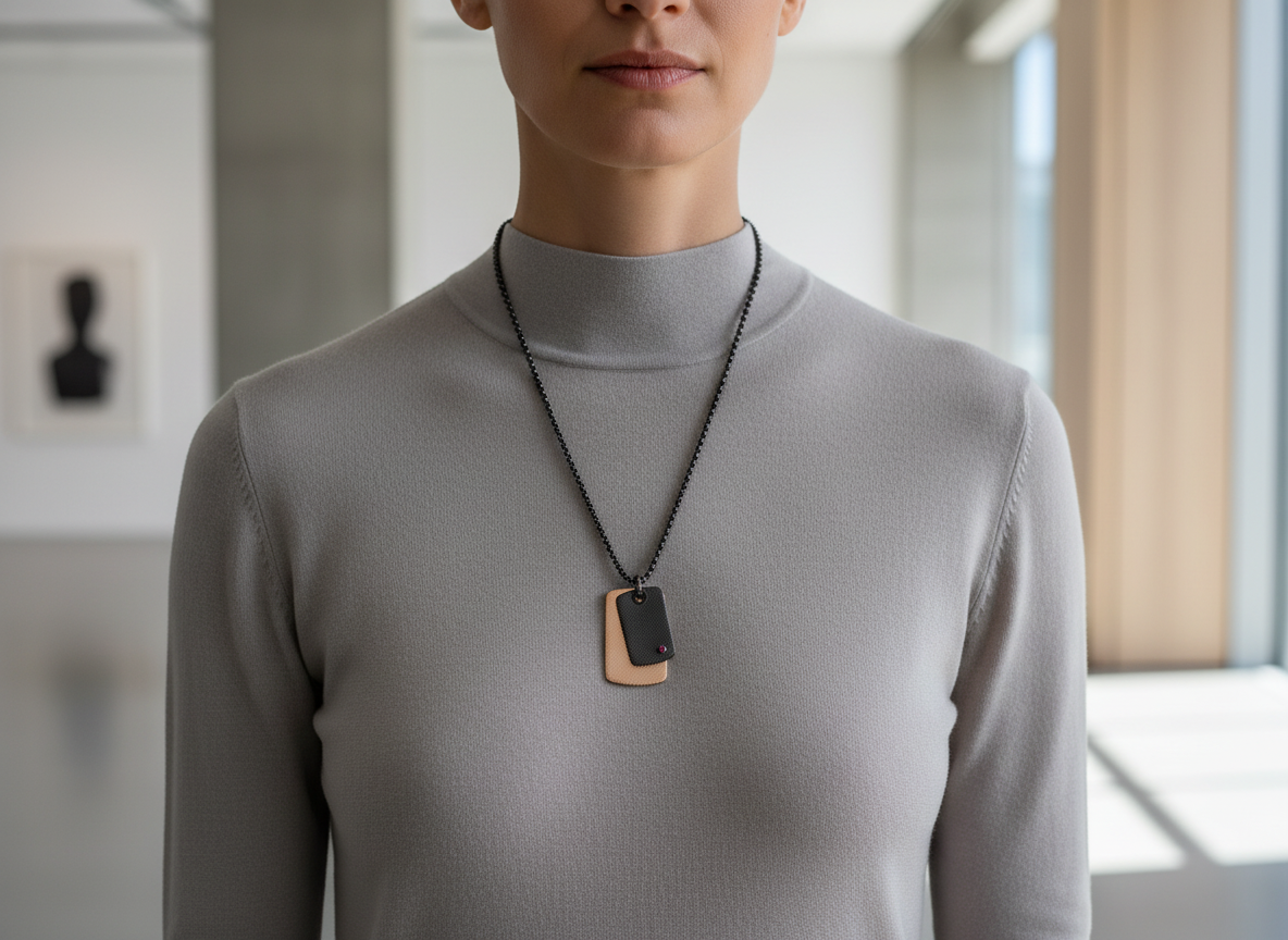 Necklace with tags and natural ruby