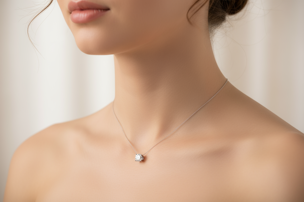 An elegant image of a woman wearing a small round solitaire diamond necklace with a 4 prong setting in white gold with a cable chain 