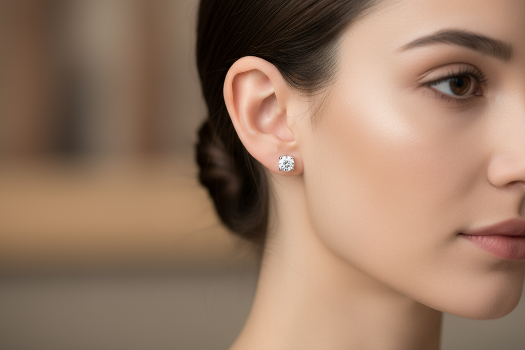 Diamond solitaire earrings in white gold with four prongs, small in size on an elegant woman 